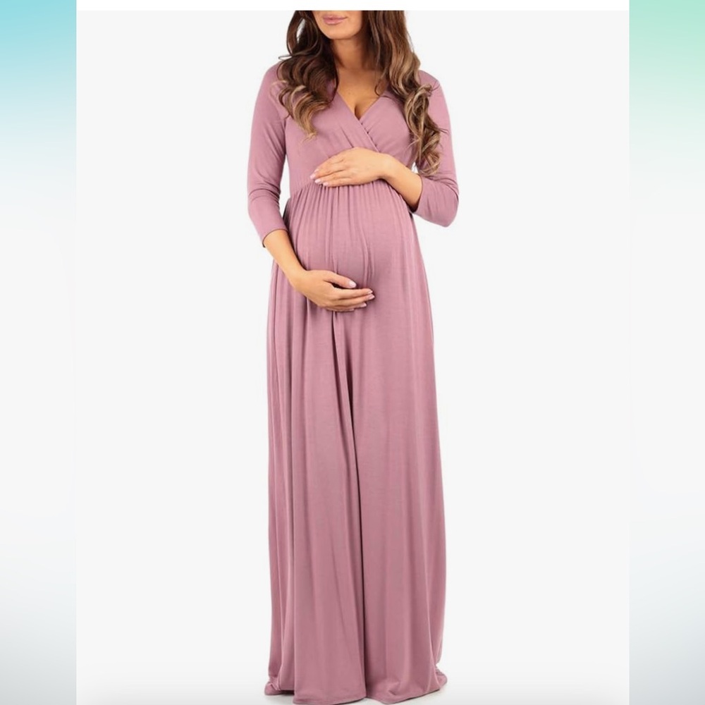 Pink Mother Bee Maternity V-Neck 3/4 Sleeve Ruched Waist Dress in size medium